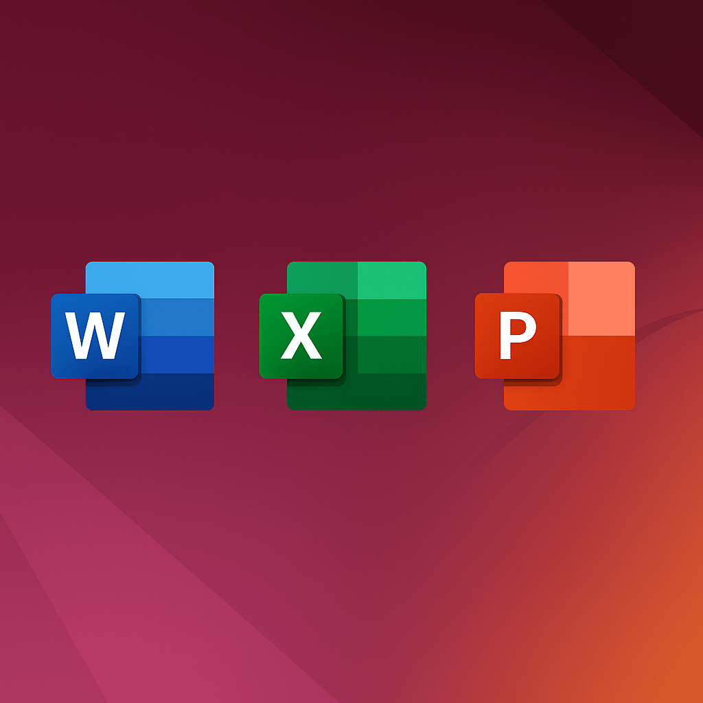 Microsoft Word, Excel and PowerPoint icons on an Ubuntu Wallpaper Background