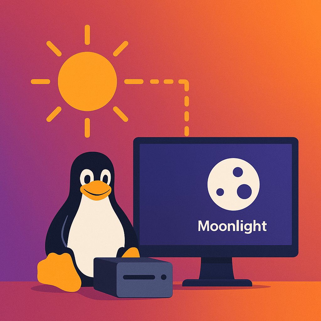 Tux sitting next to mini PC and Monlight logo on a computer monitor and a sun with sunrays