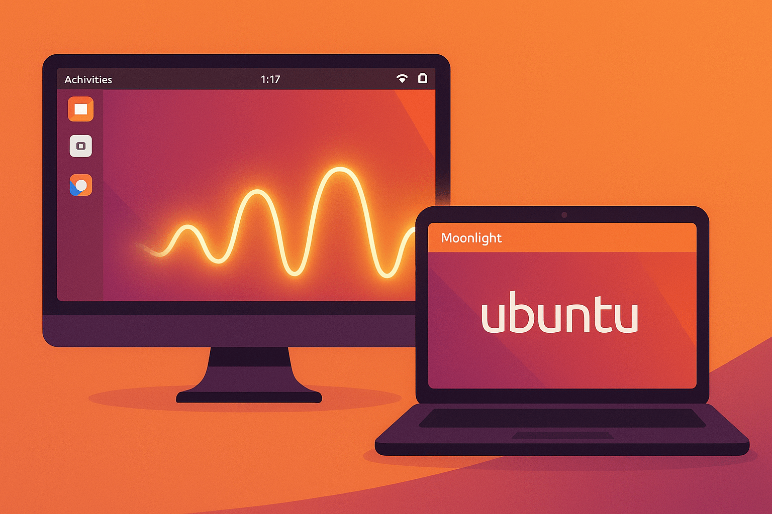 Audiowave on a Desktop and a Laptop next to it with the text Moonlight and Ubuntu displayed on the screen